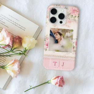Girly Pink Roses w/Photo & Monogram iPhone 15 Pro Case
