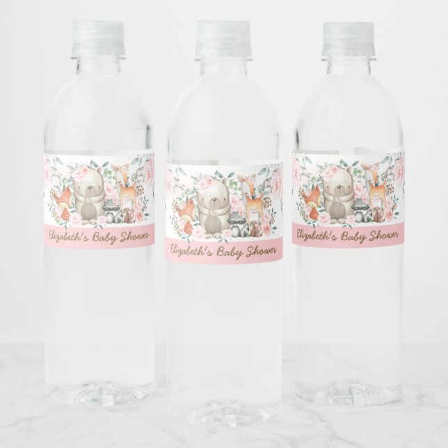 Girly Pink Roses Woodland Baby Shower Favours Water Bottle Label (Bottles)