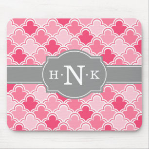 Girly Pink Scallop Pattern Grey Monogram Mouse Pad