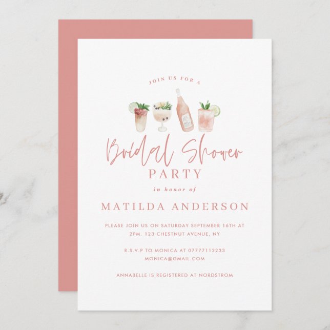 Girly pink script modern cocktail bridal shower announcement (Front/Back)
