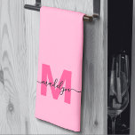 Girly Pink Script Name Monogram Tea Towel<br><div class="desc">Personalised Custom Create Your Own Girly Bright Pink and Magenta Initial Name Monogram Kitchen Towel. Add a vibrant and feminine touch to your kitchen with this stylish monogrammed towel. Designed for a tri-fold style, it features a bright happy pink background, a bold magenta hot pink initial, and a flowing black...</div>