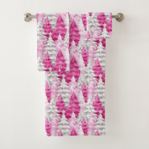 Girly Pink Silver Glam Christmas Trees Stripes Bath Towel Set