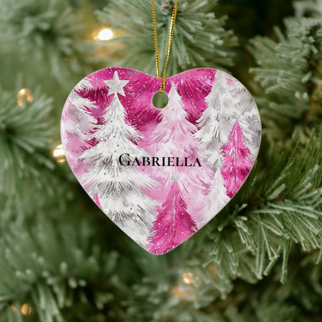 Girly Pink Silver Glam Christmas Trees Stripes Ceramic Tree Decoration (Tree)