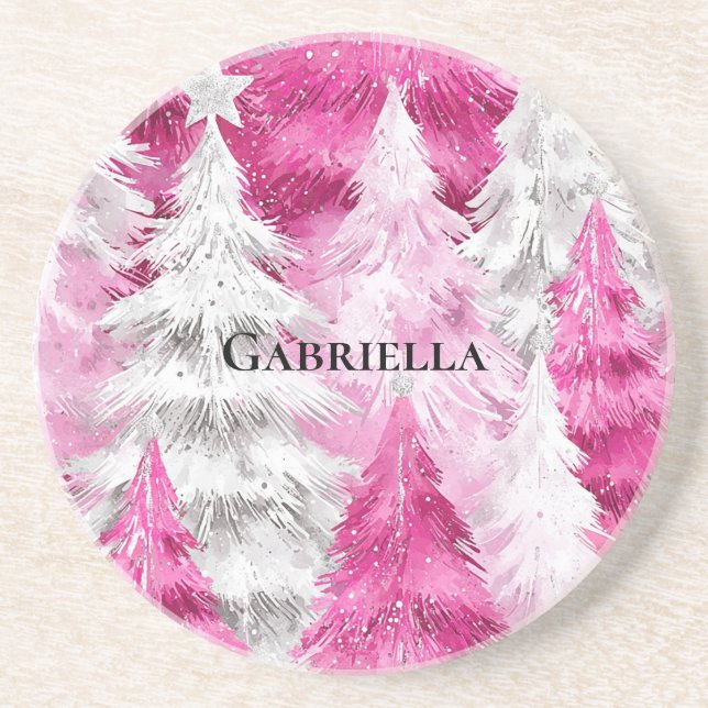 Girly Pink Silver Glam Christmas Trees Stripes Coaster (Front)