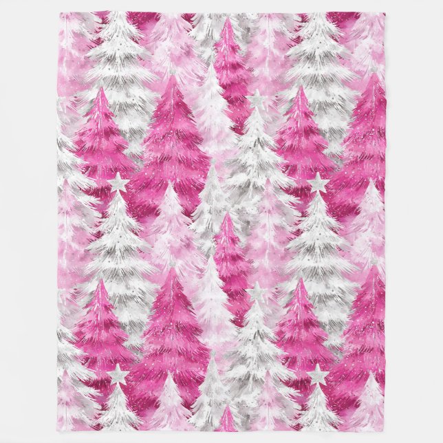 Girly Pink Silver Glam Christmas Trees Stripes Fleece Blanket (Front)