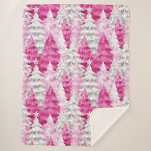 Girly Pink Silver Glam Christmas Trees Stripes Sherpa Blanket