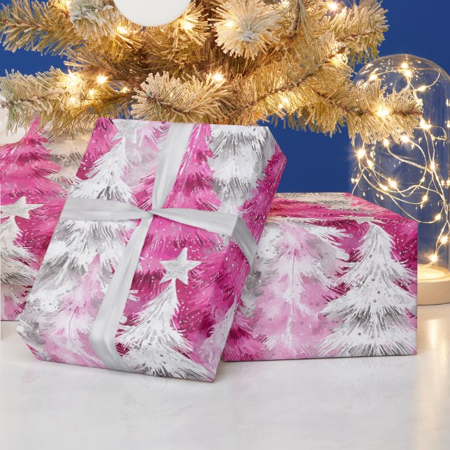 Girly Pink Silver Glam Christmas Trees Stripes Wrapping Paper (Holidays)