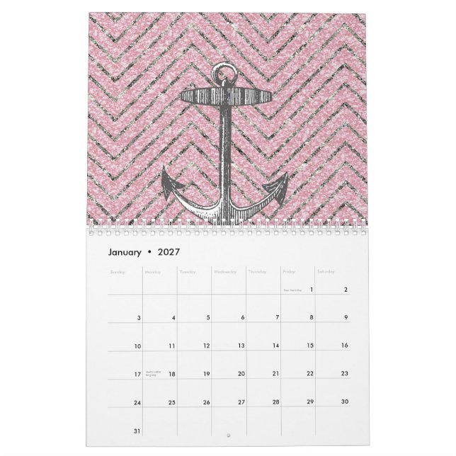 Girly Pink Silver Glitter Chevron Pattern Anchor Calendar (Jan 2027)