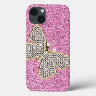 Girly Pink Silver Glitter Diamonds Butterfly iPhone 13 Case