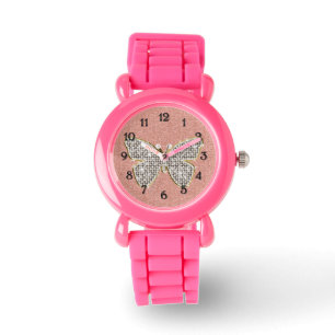 Girly Pink Silver Glitter Diamonds Butterfly Watch