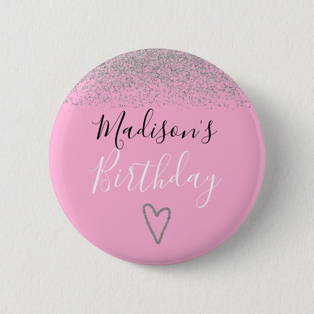 Girly Pink Silver Glitter Sparkles Heart Birthday 6 Cm Round Badge (Front)