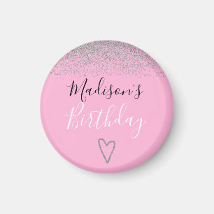 Girly Pink Silver Glitter Sparkles Heart Birthday Magnet