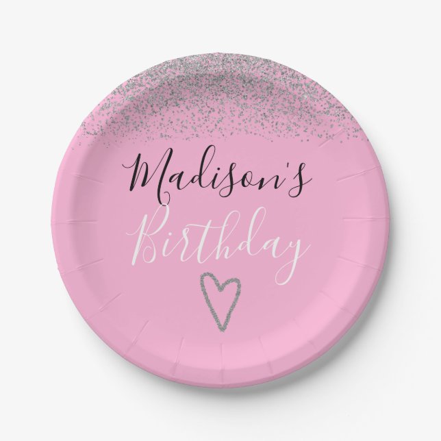 Girly Pink Silver Glitter Sparkles Heart Birthday Paper Plate (Front)