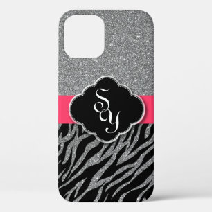 Girly Pink Silver Glitter Zebra Pattern Initials iPhone 12 Case