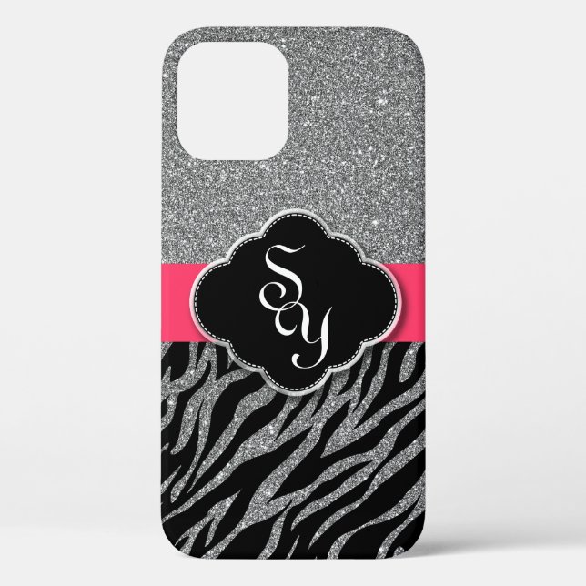Girly Pink Silver Glitter Zebra Pattern Initials Case-Mate iPhone Case (Back)