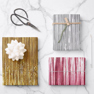 Girly Pink Silver Gold Glam Tinsel Stripes  Wrapping Paper Sheet