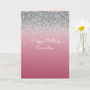Girly Pink Silver Sparkle Glitter         Card