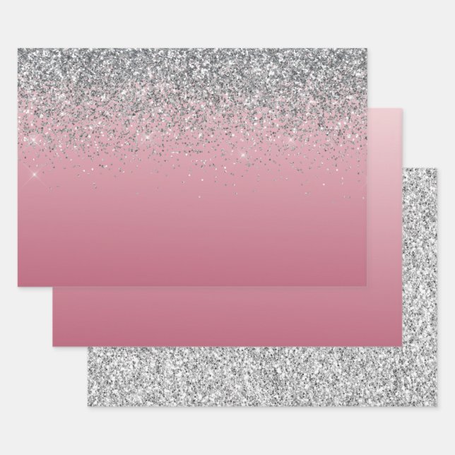 Girly Pink Silver Sparkle Glitter     Wrapping Paper Sheet (Set)