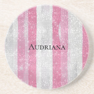 Girly Pink Silver Stripes Sparkle Christmas Coaster