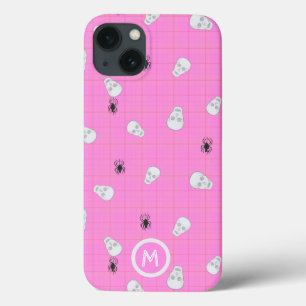 Girly pink Skulls & Spiders pink Halloween tartan iPhone 13 Case