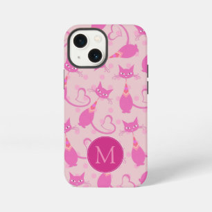 Girly Pink Sleek Cat Pattern Monogram iPhone 13 Mini Case