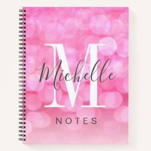 Girly Pink Sparkle Bokeh Monogram Name Notebook