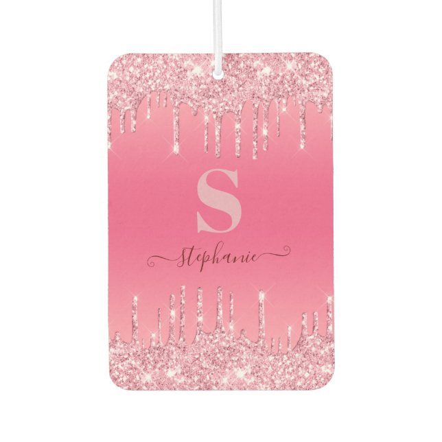 Girly Pink Sparkle Glitter Monogram Car Air Freshener (Front)