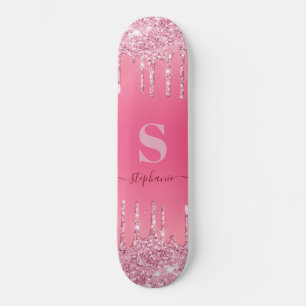 Girly Pink Sparkle Glitter Monogram Skateboard