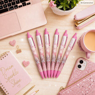 Girly Pink Sparkle Office School Writing  Black Ink Pen