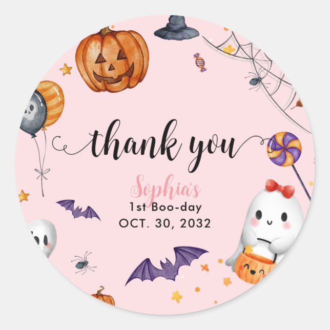 Girly Pink Spooky Halloween Birthday Thank You Classic Round Sticker (Front)