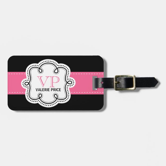 Girly Pink Stitched Ribbon Personalised Bag Luggage Tag (Front Horizontal)