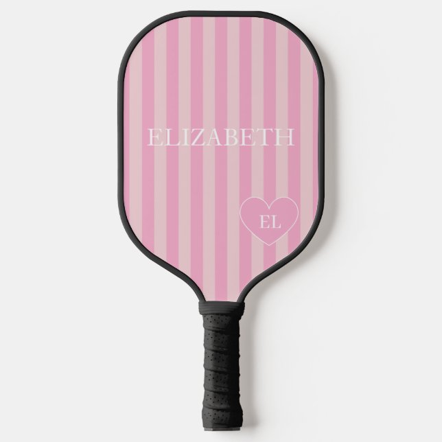 Girly Pink Stripe Name and Initial  Pickleball Paddle (Front)