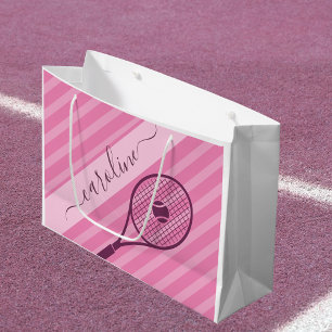 Girly Pink Striped Tennis Racket Ball Players Name Large Gift Bag