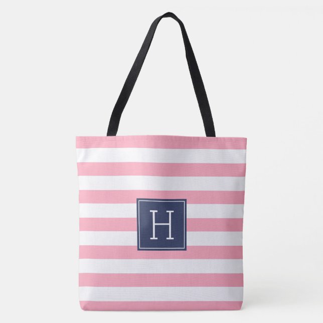 Girly Pink Stripes and Blue Monogram Tote Bag (Front)