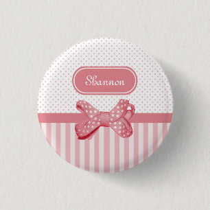 Girly Pink Stripes Cute Polka Dot Bow With Name 3 Cm Round Badge