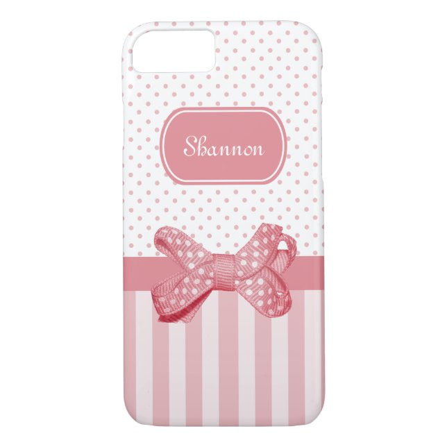 Girly Pink Stripes Cute Polka Dot Bow With Name Case-Mate iPhone Case (Back)