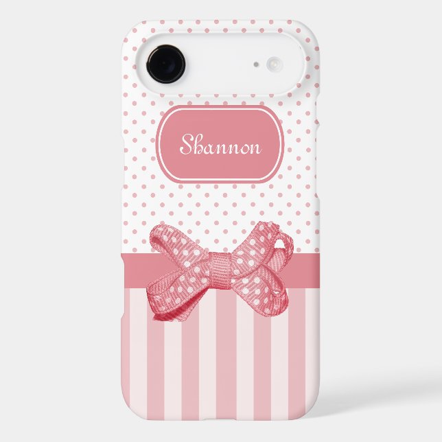 Girly Pink Stripes Cute Polka Dot Bow With Name Case-Mate iPhone Case (Back)