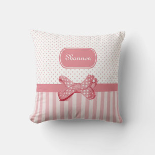 Girly Pink Stripes Cute Polka Dot Bow With Name Cushion