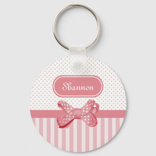 Girly Pink Stripes Cute Polka Dot Bow With Name Key Ring