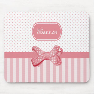 Girly Pink Stripes Cute Polka Dot Bow With Name Mouse Pad