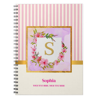 Girly Pink Stripes, Faux Gold Foil Floral Monogram Notebook