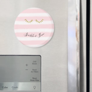 Girly Pink Stripes Gold Glitter Eyelashes  Magnet