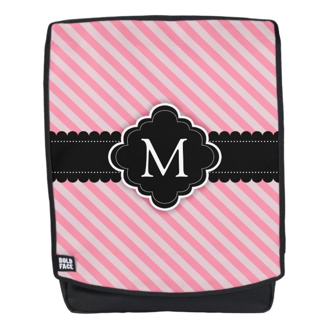 Girly Pink Stripes Pattern Black Custom Monogram Backpack (Front)