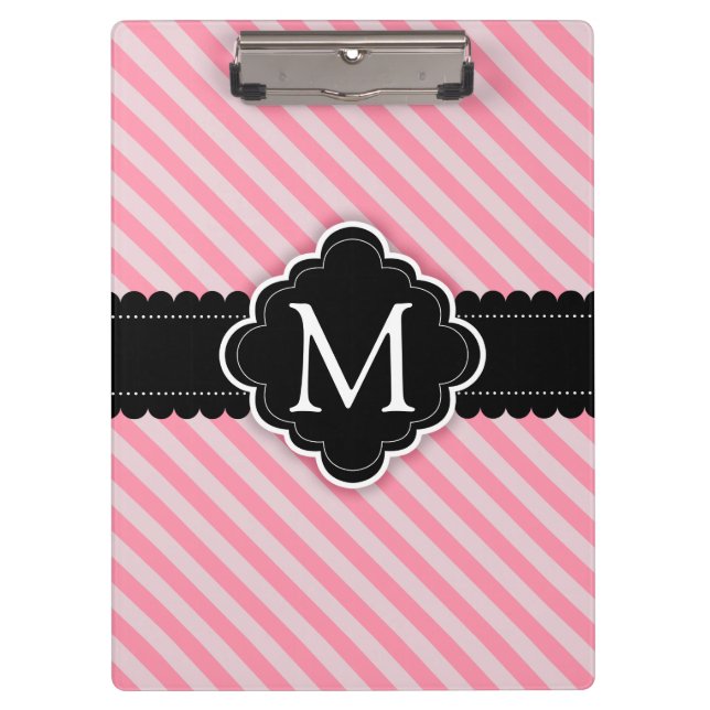 Girly Pink Stripes Pattern Black Custom Monogram Clipboard (Front)