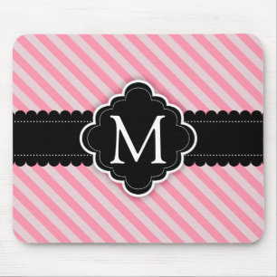 Girly Pink Stripes Pattern Black Custom Monogram Mouse Pad