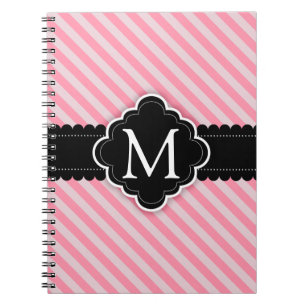 Girly Pink Stripes Pattern Black Custom Monogram Spiral Notebook