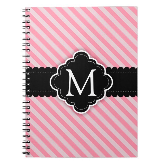 Girly Pink Stripes Pattern Black Custom Monogram Spiral Notebook (Front)