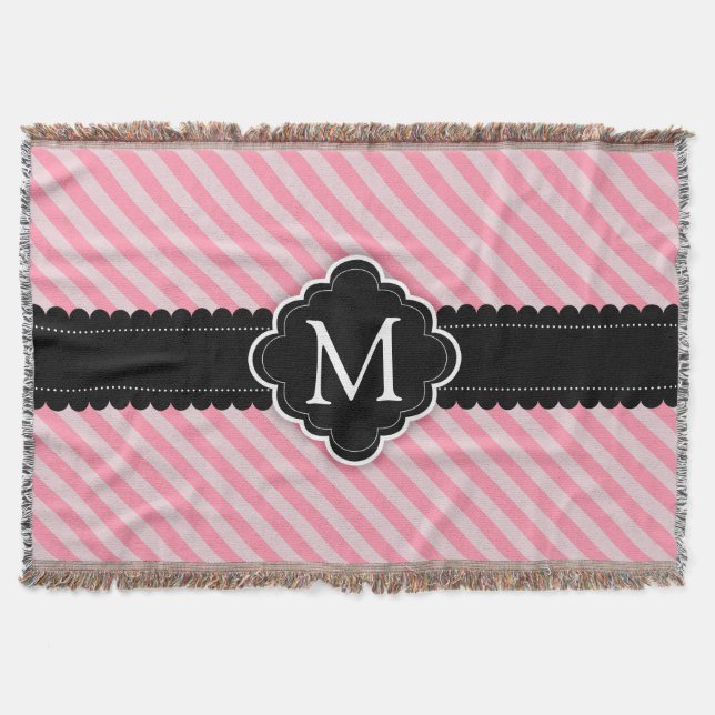 Girly Pink Stripes Pattern Black Custom Monogram Throw Blanket (Front)
