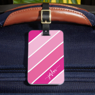 Girly Pink Stripes Pattern Script Name Luggage Tag