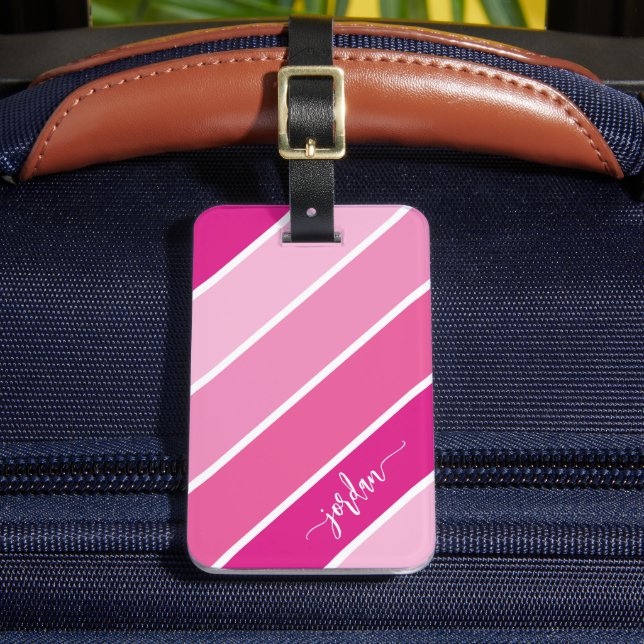 Girly Pink Stripes Pattern Script Name Luggage Tag (Front Insitu 2)